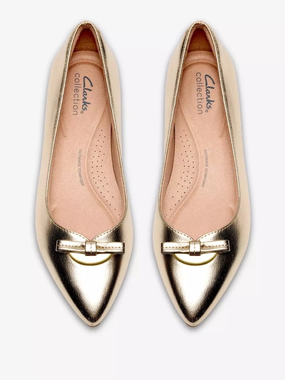 CLARKS COLLECTION NATALYN TRIM GOLD METALLIC POINTED TOE LOW HEEL FLAT 8 WIDE
